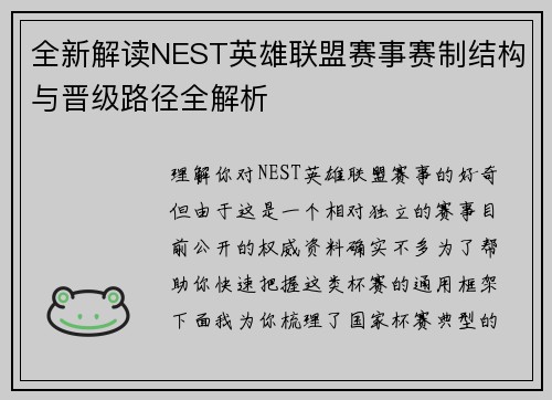 全新解读NEST英雄联盟赛事赛制结构与晋级路径全解析